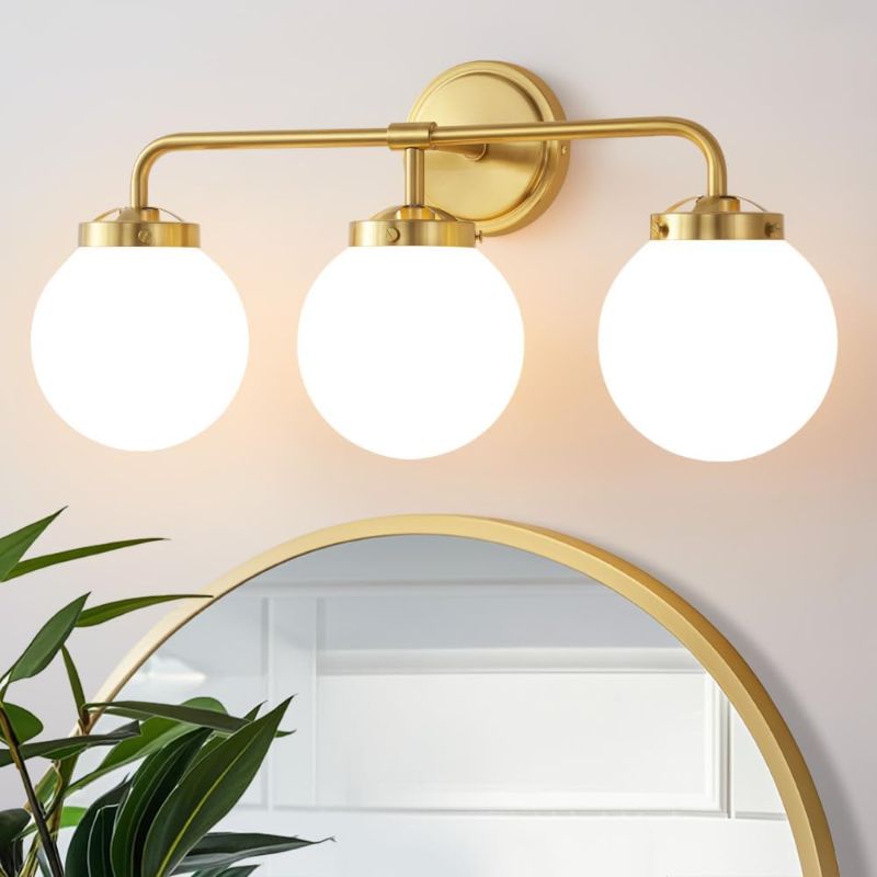 Photo 1 of Gold Bathroom Vanity Light Fixtures Over Mirror, Modern Brass 3 Lights Wall Sconce with Milky Glass Ball Shade, Mid Century Farmhouse Vanity Lighting