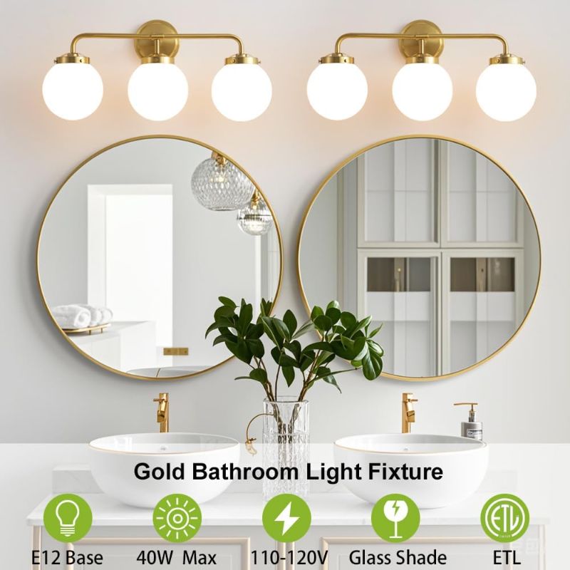 Photo 1 of Gold Bathroom Vanity Light Fixtures Over Mirror, Modern Brass 3 Lights Wall Sconce with Milky Glass Ball Shade, Mid Century Farmhouse Vanity Lighting