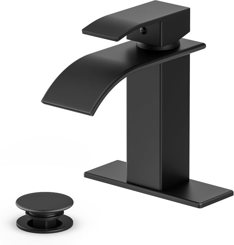 Photo 1 of Bathroom Faucet Matte Black Modern Waterfall Bathroom Sink Faucet with Single Handle Suitable for 1 or 3 Holes,Supply Deck Plate and Hose