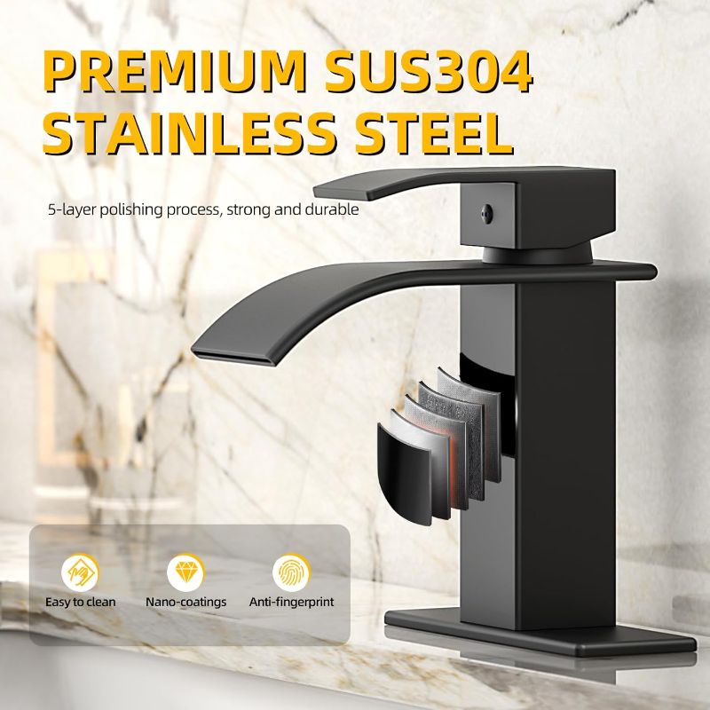 Photo 1 of Bathroom Faucet Matte Black Modern Waterfall Bathroom Sink Faucet with Single Handle Suitable for 1 or 3 Holes,Supply Deck Plate and Hose