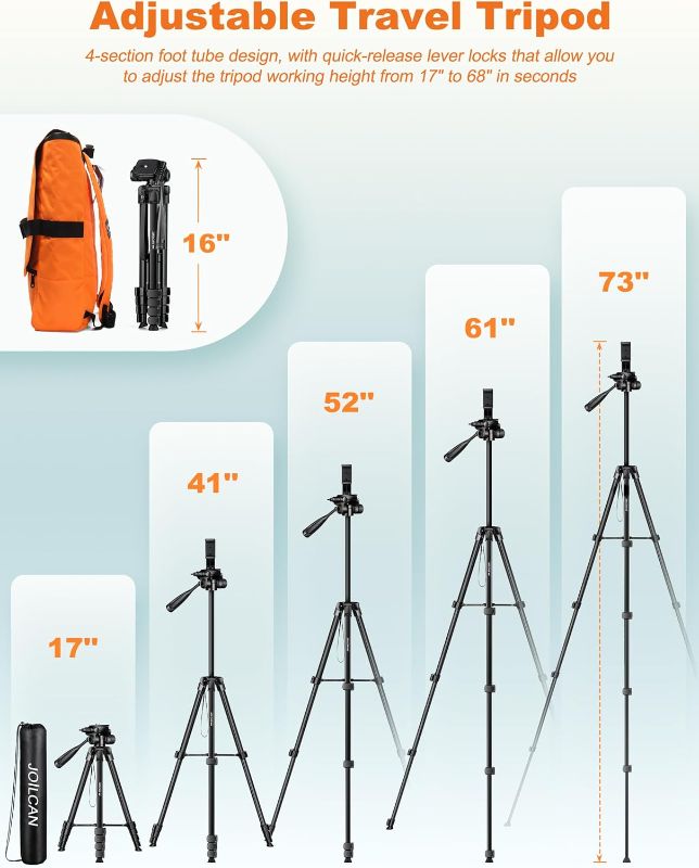 Photo 1 of JOILCAN Phone Tripod Stand, 68" Tripod for iPad iPhone Tablet with Remote Universal Holder Carry Bag, Travel Aluminum Tripod for Video Recording Photos Vlogging Compatible with iPad Pro iPhone Camera