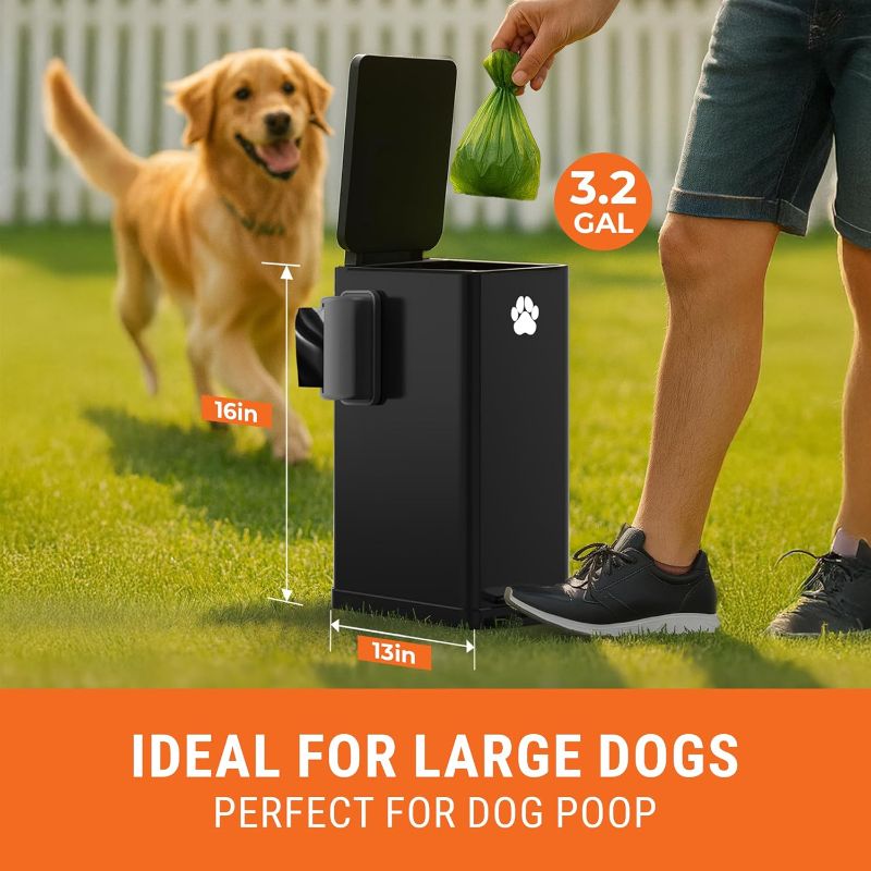 Photo 1 of Large Dog Poop Trash Can Outside, 3.2 Gal Metal Dog Waste Trash Can with Lid Outdoor, Waste Container with Pedal Garbage Poop Bin, Poo Bucket Outdoor with Lid for Backyard Odor Control (Large)