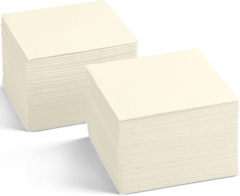 Photo 1 of Linen-Feel Cocktail Napkins - Decortive Cloth-Like Cream Dessert And Beverage Napkins - Soft And Absorbent. For Restaurant, Bar, Cafe, Or Event. (Pack of 100)