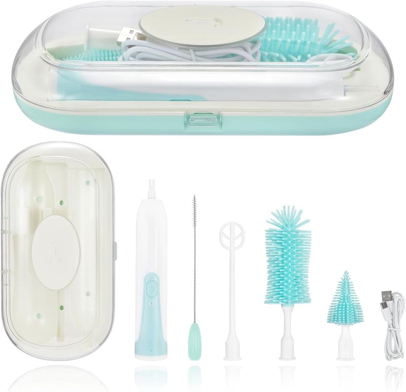 Photo 1 of VICARKO Electric Baby Bottle Brush Set, Rechargeable Bottle Cleaner with 360° Silicone Bottle/Nipple/Straw Brush, Milk Frother, Drying Rack, Portable Travel Kit (Green)