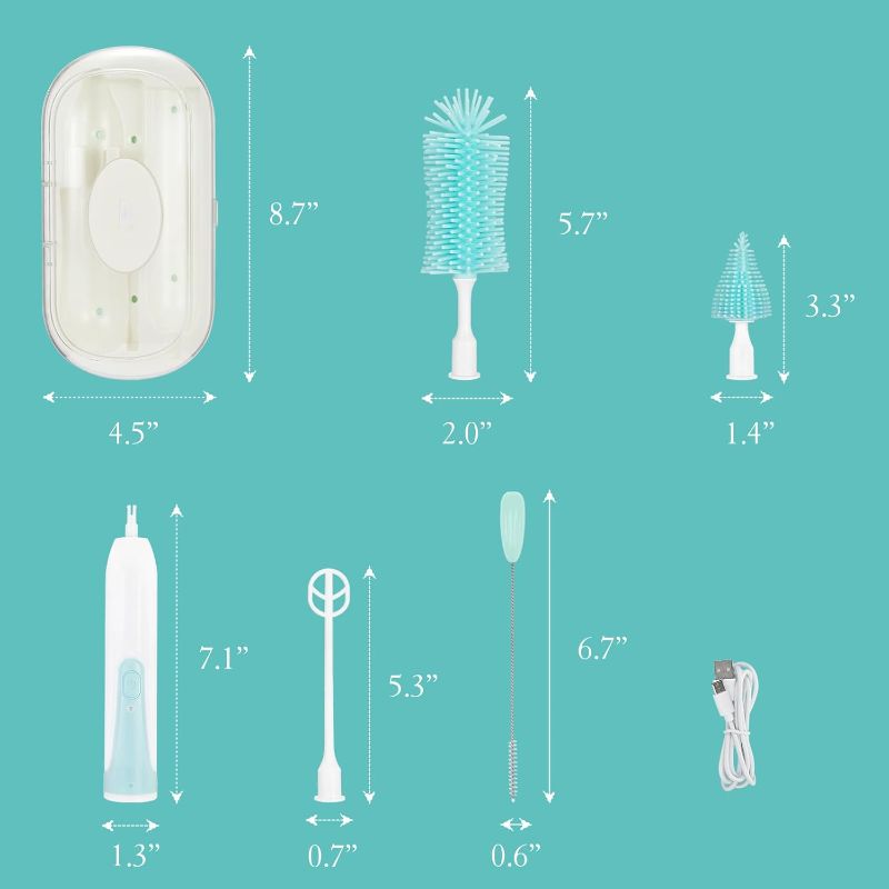 Photo 1 of VICARKO Electric Baby Bottle Brush Set, Rechargeable Bottle Cleaner with 360° Silicone Bottle/Nipple/Straw Brush, Milk Frother, Drying Rack, Portable Travel Kit (Green)