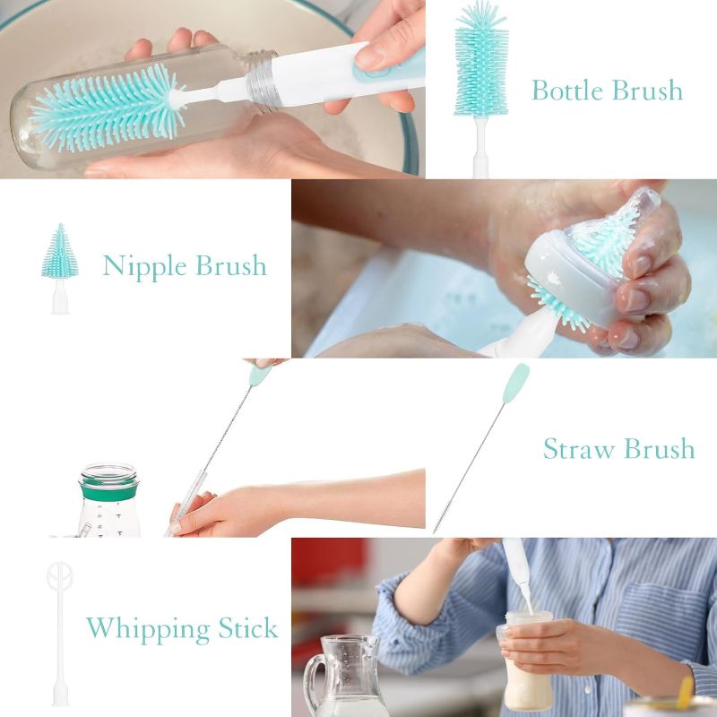 Photo 1 of VICARKO Electric Baby Bottle Brush Set, Rechargeable Bottle Cleaner with 360° Silicone Bottle/Nipple/Straw Brush, Milk Frother, Drying Rack, Portable Travel Kit (Green)