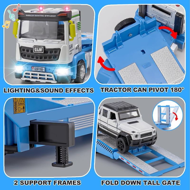 Photo 1 of Die-cast Semi Truck Toys Set w/Semi Truck, Pickup, Racing Car, Alloy Engineering Transport Vehicles Toys w/Lights & Sounds, Model Pickup,Model Racing Car for Boys Kids