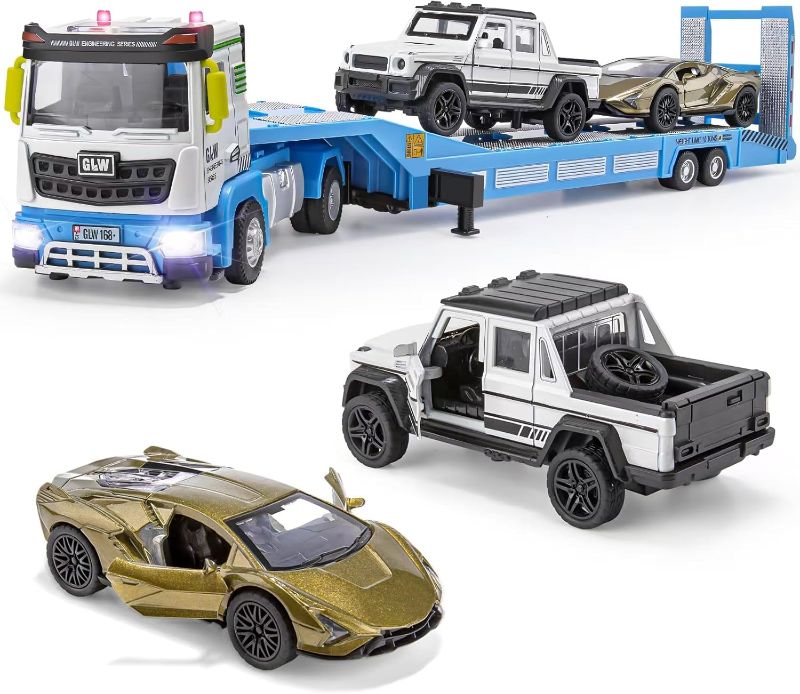 Photo 1 of Die-cast Semi Truck Toys Set w/Semi Truck, Pickup, Racing Car, Alloy Engineering Transport Vehicles Toys w/Lights & Sounds, Model Pickup,Model Racing Car for Boys Kids