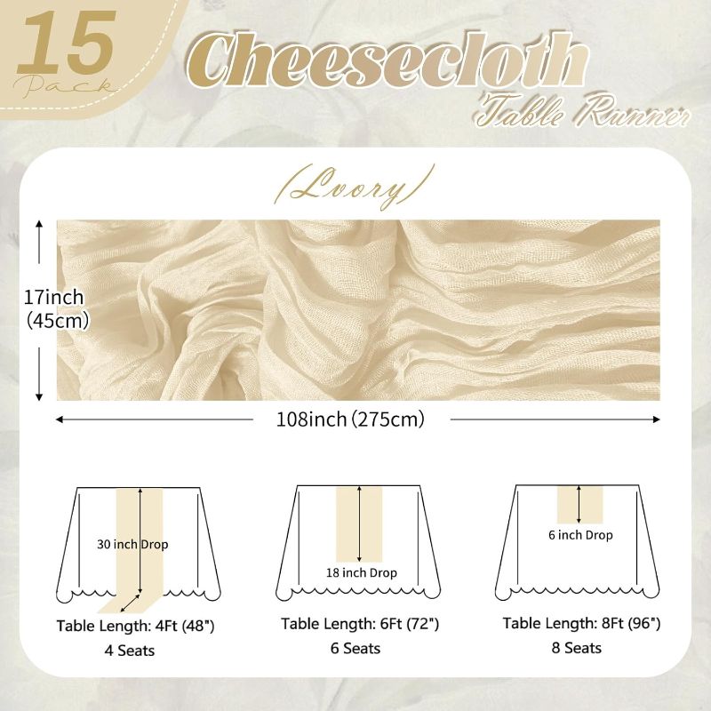Photo 1 of 15 Pack Ivory Cheesecloth Table Runner 17 x 108 inch Cheese Cloth Table Runners 9ft Ivory Table Runner Rustic Romantic Sheer Gauze Runner for Wedding Party Baby Shower Table Decoration