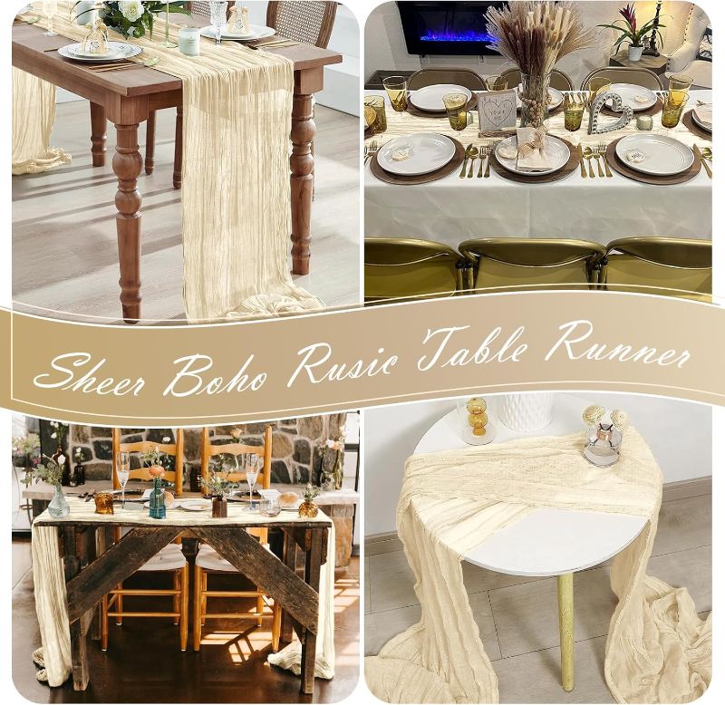 Photo 1 of 15 Pack Ivory Cheesecloth Table Runner 17 x 108 inch Cheese Cloth Table Runners 9ft Ivory Table Runner Rustic Romantic Sheer Gauze Runner for Wedding Party Baby Shower Table Decoration