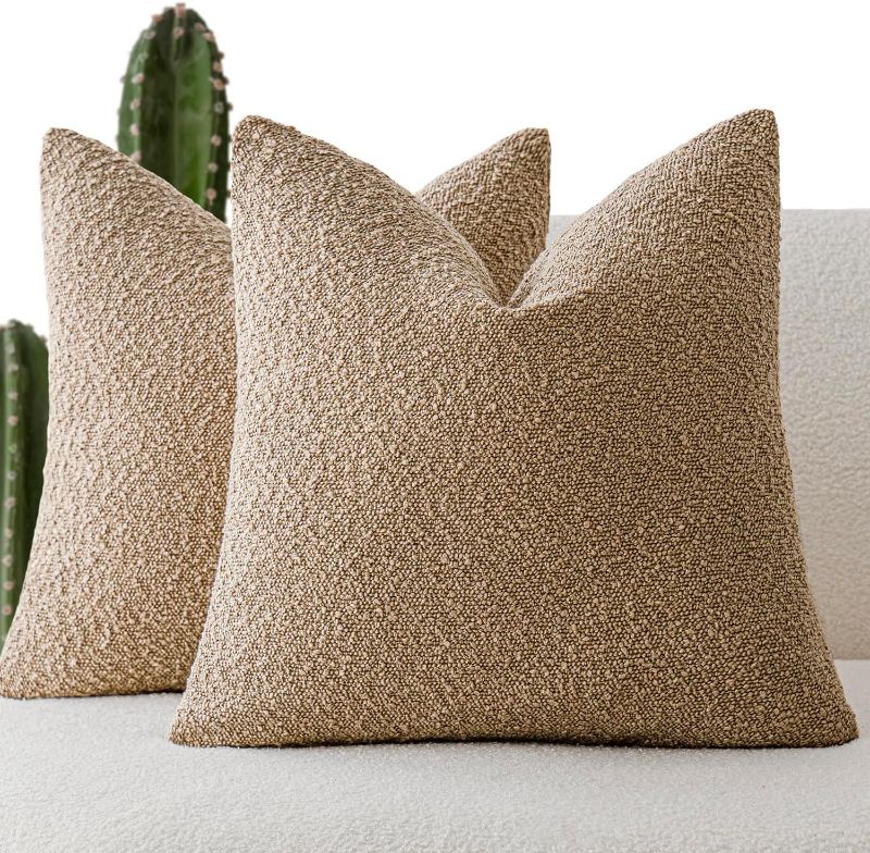 Photo 1 of oindtower Pack of 2 Textured Boucle Throw Pillow Covers Accent Solid Pillow Cases Cozy Soft Decorative Couch Cushion Case for Chair Sofa Bedroom Living Room Home Decor, 20 x 20 Inch,Taupe Khaki Camel