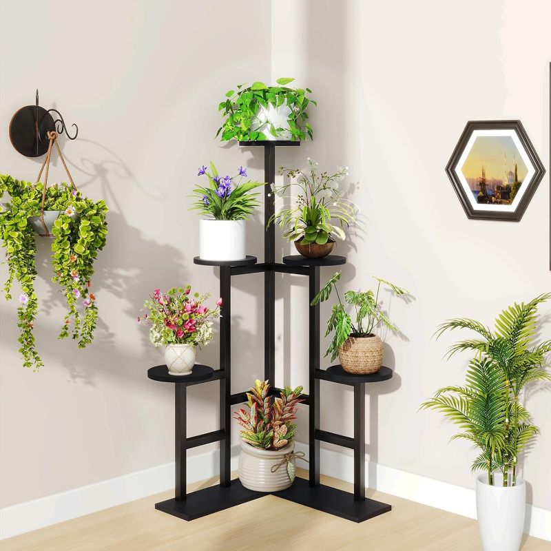 Photo 1 of  6 Tier Plant Stand Indoor, Tall Flower Pot Stand for Multiple Plants, Tiered Corner Plant Shelf for Living Room Patio Balcony Garden, , Black TMJ072B