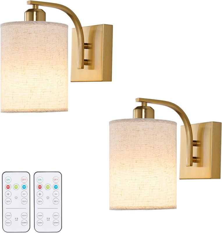 Photo 1 of Gold Rechargeable Battery Operated Wall Sconces Set of 2 with Remote, Wireless Dimmable Battery Powered LED Wall Lights, Cordless Wall Lighting Lamp Fixture for Bedroom Living Room
