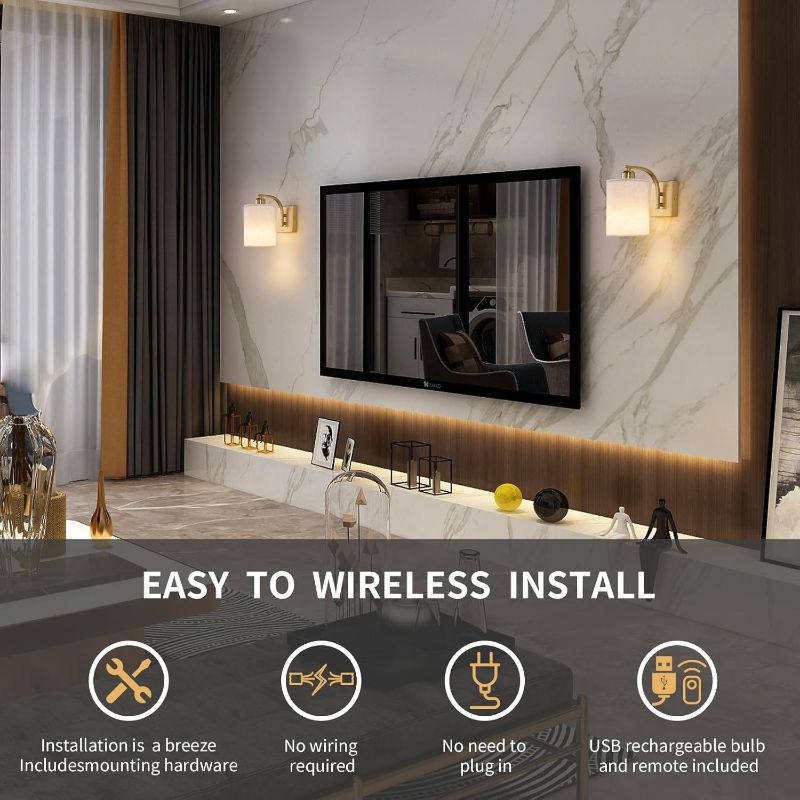 Photo 1 of Gold Rechargeable Battery Operated Wall Sconces Set of 2 with Remote, Wireless Dimmable Battery Powered LED Wall Lights, Cordless Wall Lighting Lamp Fixture for Bedroom Living Room