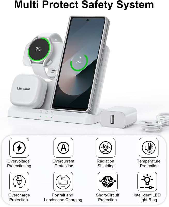 Photo 1 of Wireless Charger for Samsung, 3 in 1 Charging Station for Samsung Devices and Android, LED Indicator, White(2025 US Version)