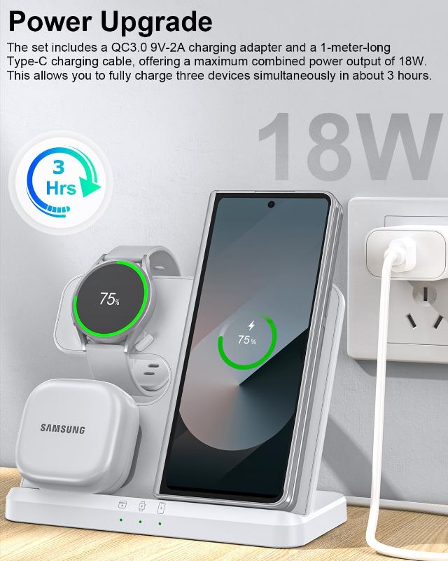 Photo 1 of Wireless Charger for Samsung, 3 in 1 Charging Station for Samsung Devices and Android, LED Indicator, White(2025 US Version)