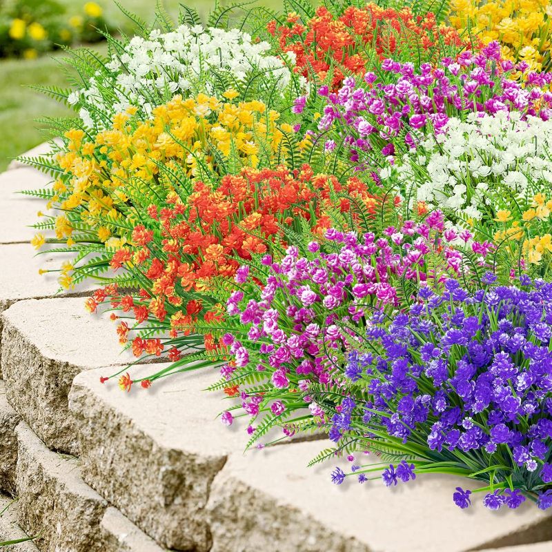 Photo 1 of Ouddy Decor 24 Bundles Artificial Flowers for Outdoors UV Resistant Fake Plastic Plants Faux Boston Fern Greenery Stems for Spring Summer Indoor Garden Patio Window Box Kitchen Home Decor, Mixedcolor
