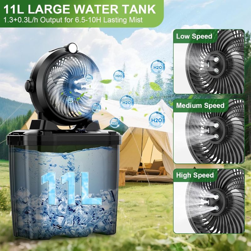 Photo 1 of Portable Misting Fan with 11L Large Bucket, 20000mAh USB Rechargeable Battery Operated Camping Fans, 3 Large Spray Nozzles & 3 Strong Wind Speeds Misting Fan, Misting Fans for Outside