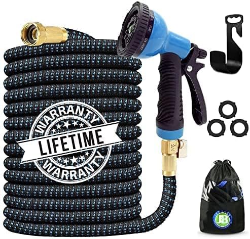 Photo 1 of J&B XpandaHose 100ft Expandable Garden Hose with Holder - Heavy Duty Superior Strength 3750D - 4 -Layer Latex Core - Extra Strong Brass Connectors and 10 Spray Nozzle w/Storage Bag (Blue 100)