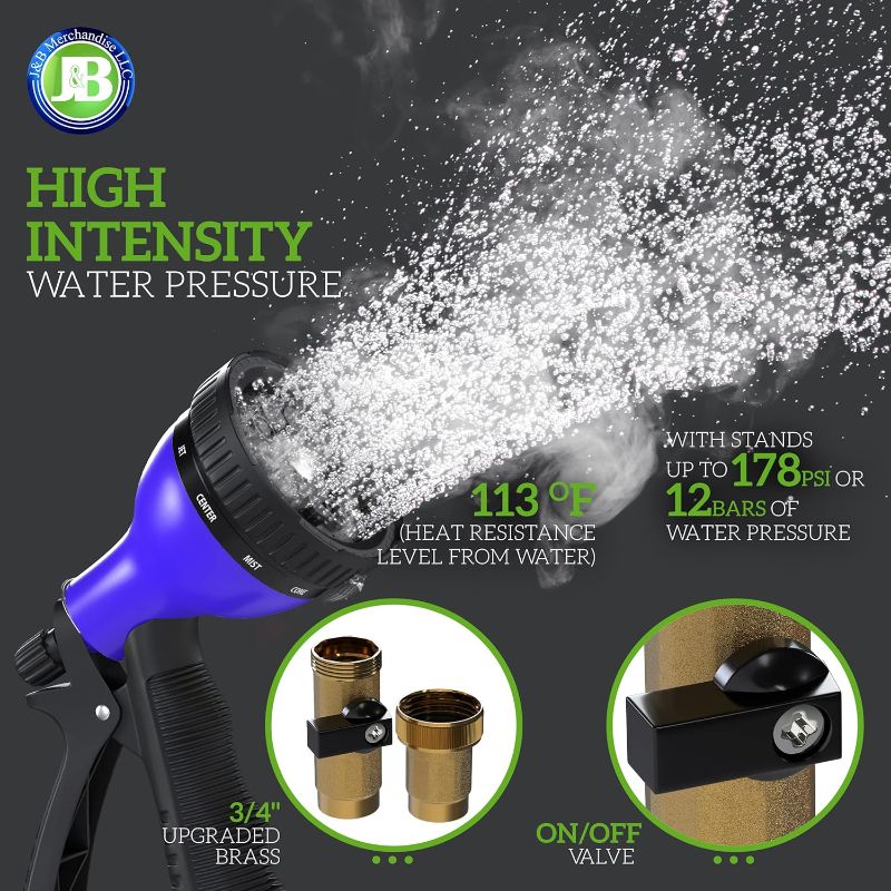 Photo 1 of J&B XpandaHose 100ft Expandable Garden Hose with Holder - Heavy Duty Superior Strength 3750D - 4 -Layer Latex Core - Extra Strong Brass Connectors and 10 Spray Nozzle w/Storage Bag (Blue 100)