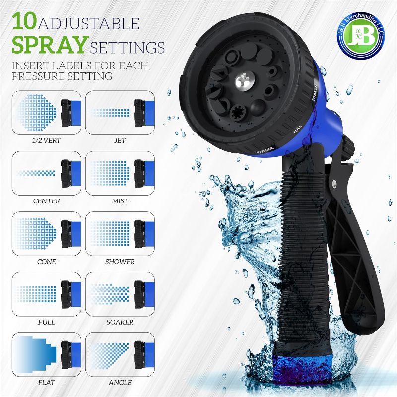 Photo 1 of J&B XpandaHose 100ft Expandable Garden Hose with Holder - Heavy Duty Superior Strength 3750D - 4 -Layer Latex Core - Extra Strong Brass Connectors and 10 Spray Nozzle w/Storage Bag (Blue 100)
