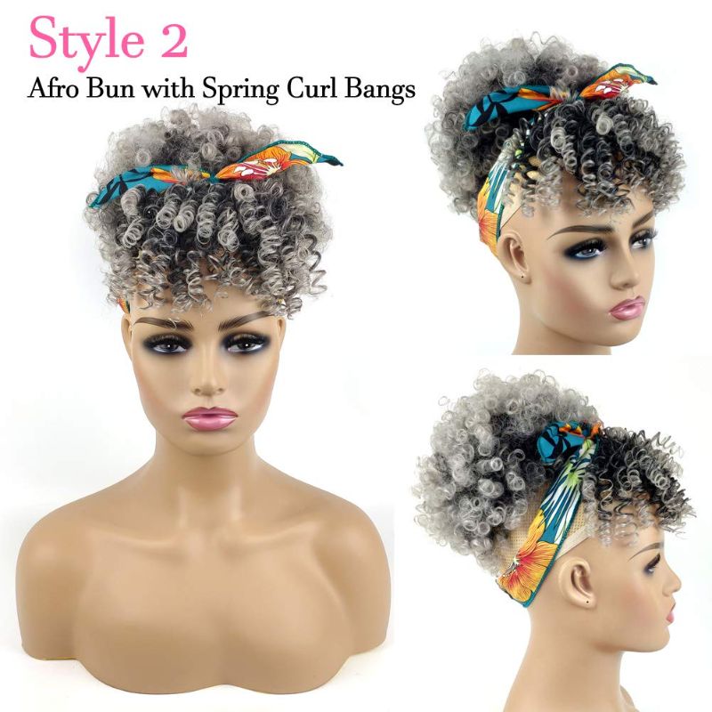 Photo 1 of Afro Drawstring Ponytail with Bangs Pineapple Updo Hair Short Kinky Curly Drawstring Ponytail Extension for Women(#1B/GREY)