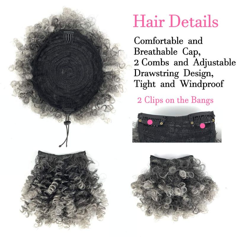 Photo 1 of Afro Drawstring Ponytail with Bangs Pineapple Updo Hair Short Kinky Curly Drawstring Ponytail Extension for Women(#1B/GREY)