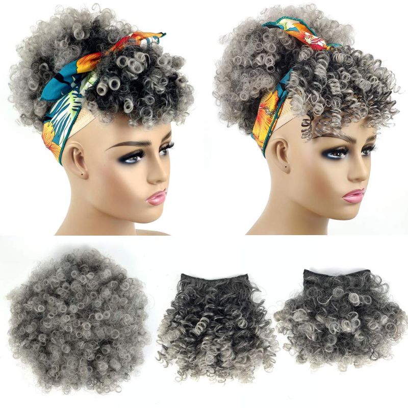 Photo 1 of Afro Drawstring Ponytail with Bangs Pineapple Updo Hair Short Kinky Curly Drawstring Ponytail Extension for Women(#1B/GREY)