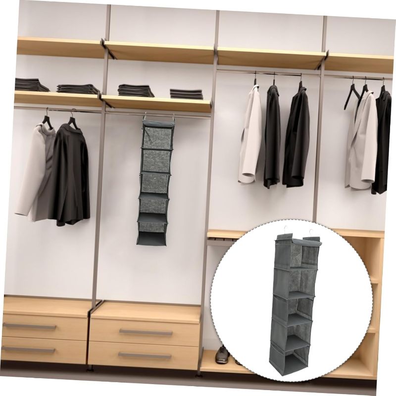 Photo 1 of Hanging Closet Organizer Bag 5 Layers 8 Pockets Washable Non-Woven Fabric Metal Hooks Grey for Bedroom Storage Organizing Clothes and Underwear