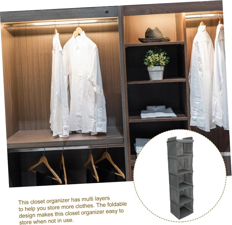 Photo 1 of Hanging Closet Organizer Bag 5 Layers 8 Pockets Washable Non-Woven Fabric Metal Hooks Grey for Bedroom Storage Organizing Clothes and Underwear
