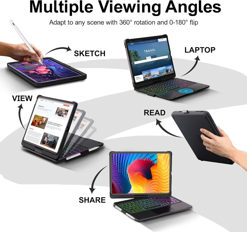 Photo 1 of Baisla iPad 10th Generation Case with Keyboard 10.9" & iPad 11th (A16) & iPad Air 11 (M3/M2), Multi Trackpad, 360 Swivel & Rainbow Backlit for iPad Air 5th/4th,iPad Pro 11 4th/3rd/2nd/1st - Black