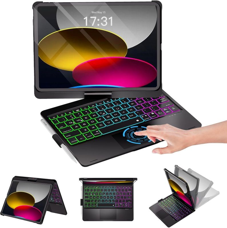 Photo 1 of Baisla iPad 10th Generation Case with Keyboard 10.9" & iPad 11th (A16) & iPad Air 11 (M3/M2), Multi Trackpad, 360 Swivel & Rainbow Backlit for iPad Air 5th/4th,iPad Pro 11 4th/3rd/2nd/1st - Black