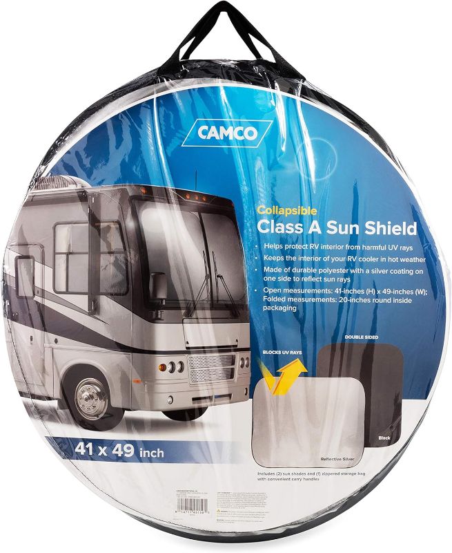 Photo 1 of Camco 45150 Windshield Sun Shades - Protects Your RV from The Sun and Reduces Heat in Hot Weather - Compatible with Class A RVs