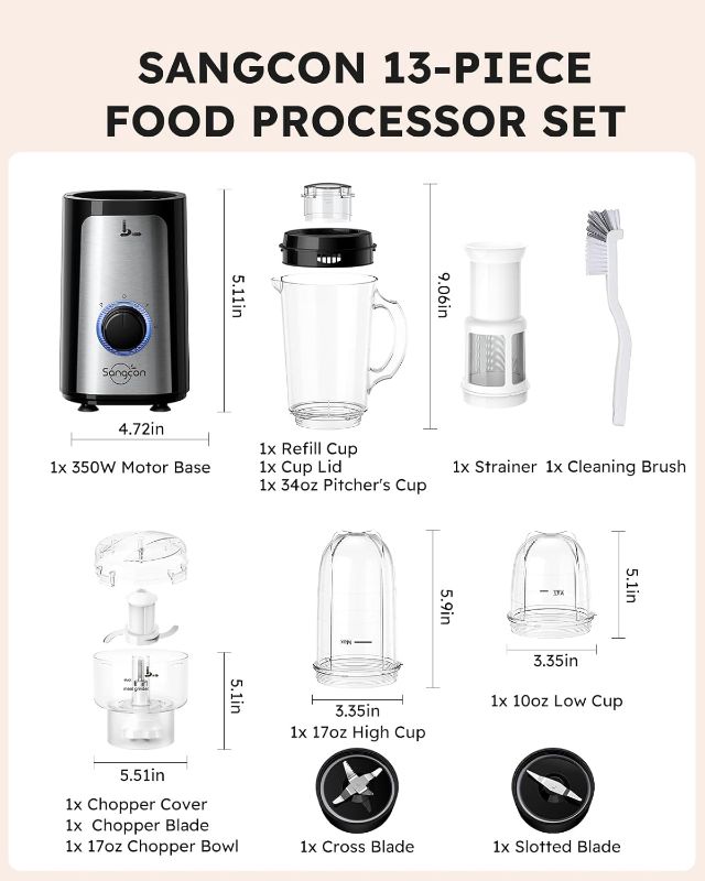 Photo 1 of SANGCON 5 in 1 Blender and Food Processor Combo for Kitchen, Small Electric Food Chopper for Meat and Vegetable, 350W High Speed Blenders with 2 Speeds and Pulse for Smoothies and Shakes