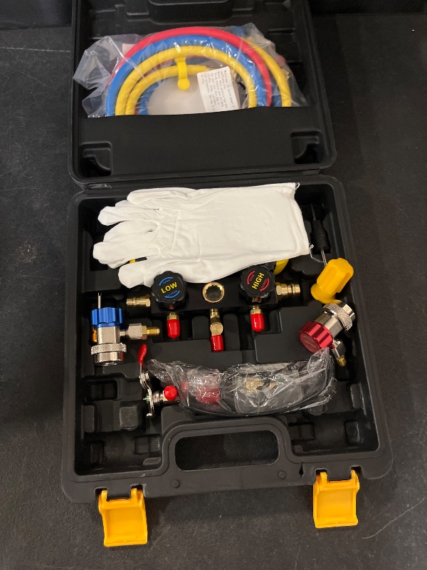 Photo 1 of Orion Motor Tech 4 Way AC Gauge Set for R410a R22 R134a Refrigerant, 4 Valve Automotive AC Manifold with 5ft Hoses, R410a Adapters, Can Tap
