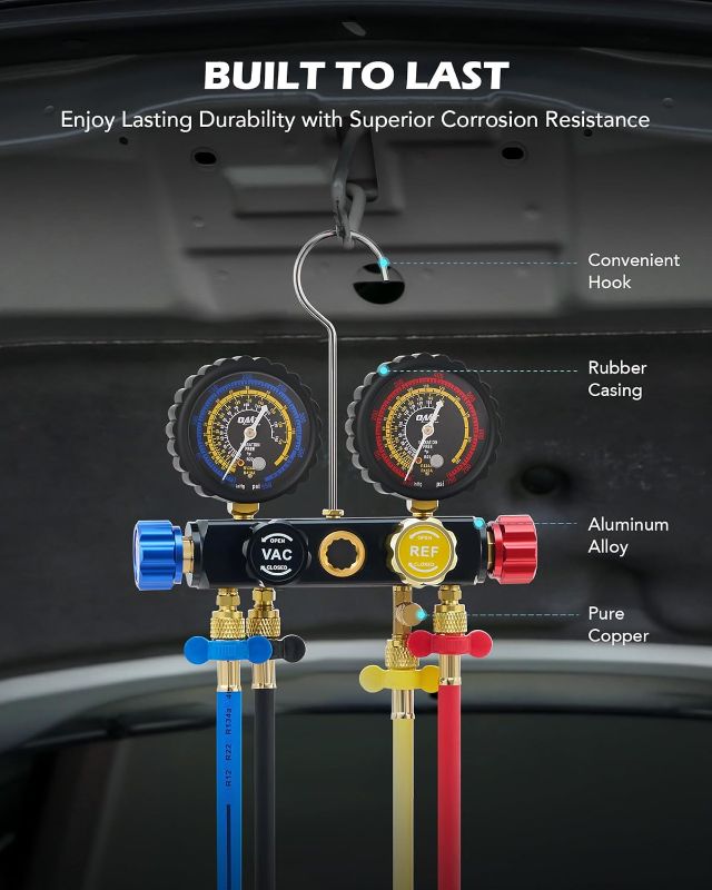 Photo 1 of Orion Motor Tech 4 Way AC Gauge Set for R410a R22 R134a Refrigerant, 4 Valve Automotive AC Manifold with 5ft Hoses, R410a Adapters, Can Tap