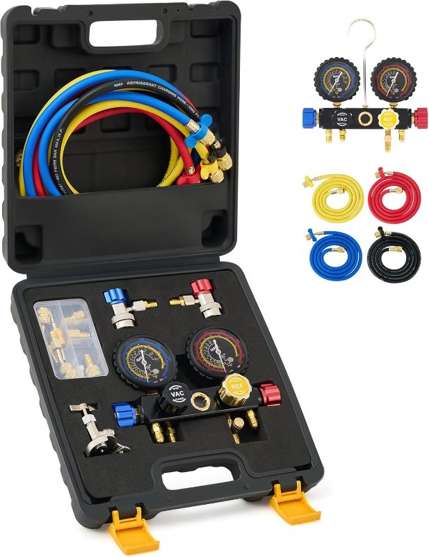 Photo 1 of Orion Motor Tech 4 Way AC Gauge Set for R410a R22 R134a Refrigerant, 4 Valve Automotive AC Manifold with 5ft Hoses, R410a Adapters, Can Tap