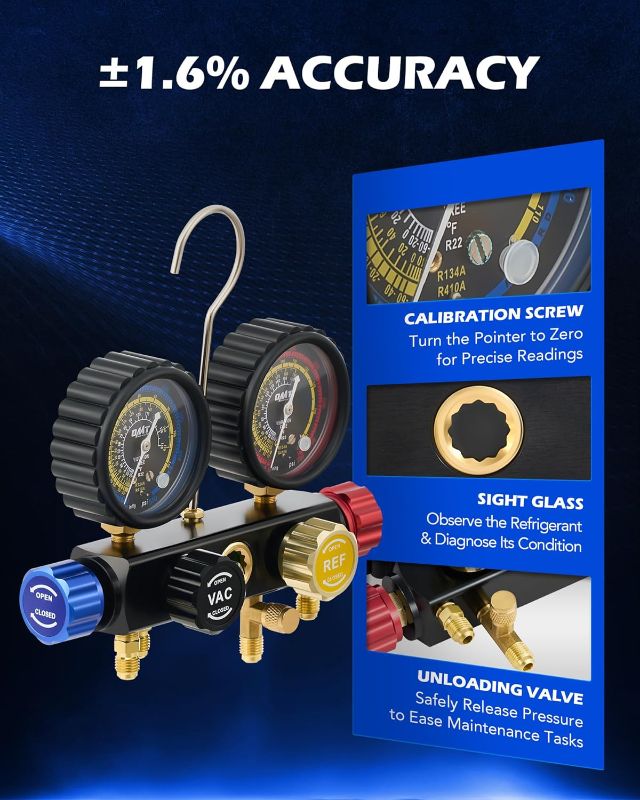 Photo 1 of Orion Motor Tech 4 Way AC Gauge Set for R410a R22 R134a Refrigerant, 4 Valve Automotive AC Manifold with 5ft Hoses, R410a Adapters, Can Tap