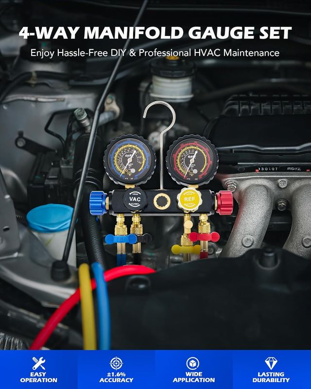 Photo 1 of Orion Motor Tech 4 Way AC Gauge Set for R410a R22 R134a Refrigerant, 4 Valve Automotive AC Manifold with 5ft Hoses, R410a Adapters, Can Tap