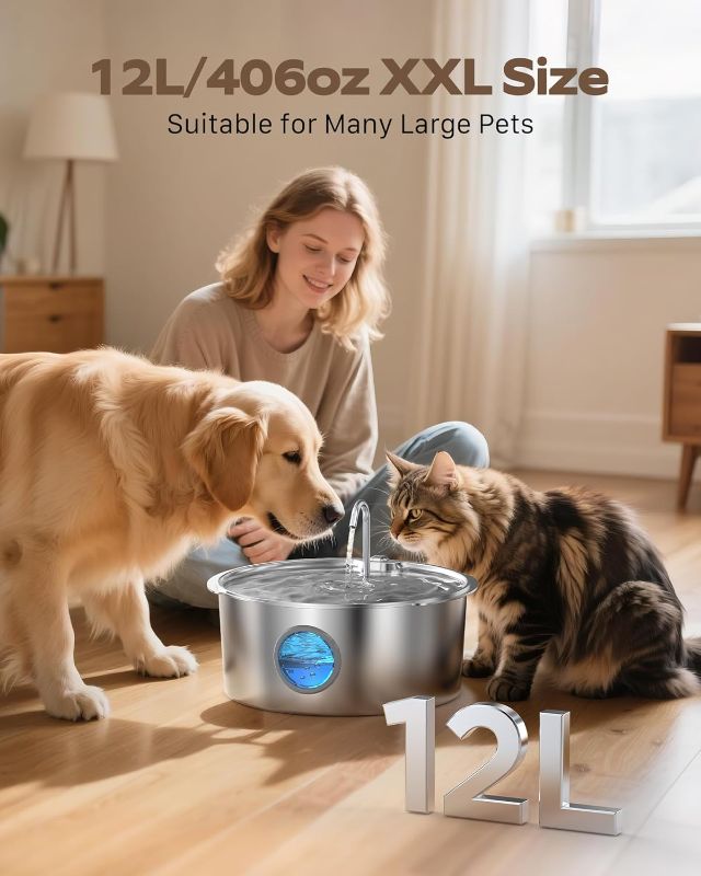 Photo 1 of Pet Water Fountain for Large Dogs: Metal Dog Water Fountain - Silent Big Cat Fountains for Drinking - 3.2G/406oz/12L Water Fountain Dog Bowl Inside - GROOKPET Fountains with 6 Filters + 3 Sponges