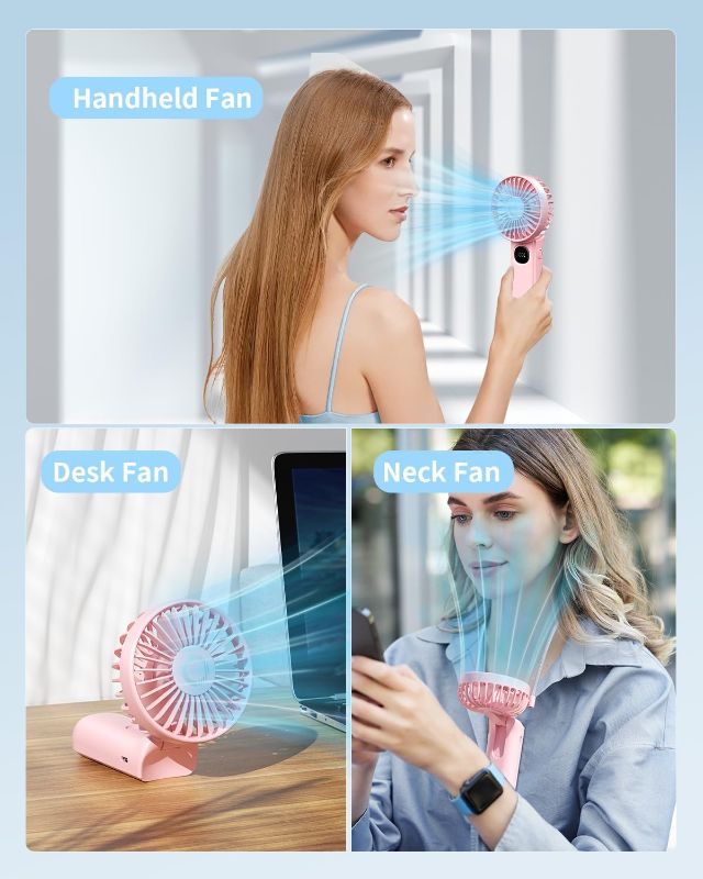 Photo 1 of Handheld Fan, Foldable Portable Fan with LED Display, 3000mAh Battery Operated Mini Hand Held Fan, Handheld/Neck/Desk 3 in 1 Personal Small Fan for Eyelash Makeup Travel Beach Outdoor Pink