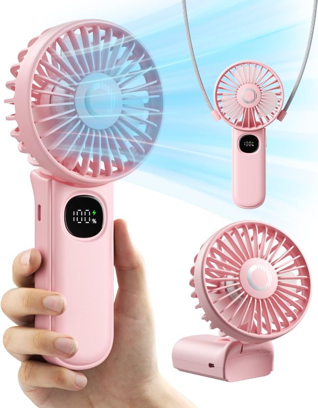 Photo 1 of Handheld Fan, Foldable Portable Fan with LED Display, 3000mAh Battery Operated Mini Hand Held Fan, Handheld/Neck/Desk 3 in 1 Personal Small Fan for Eyelash Makeup Travel Beach Outdoor Pink
