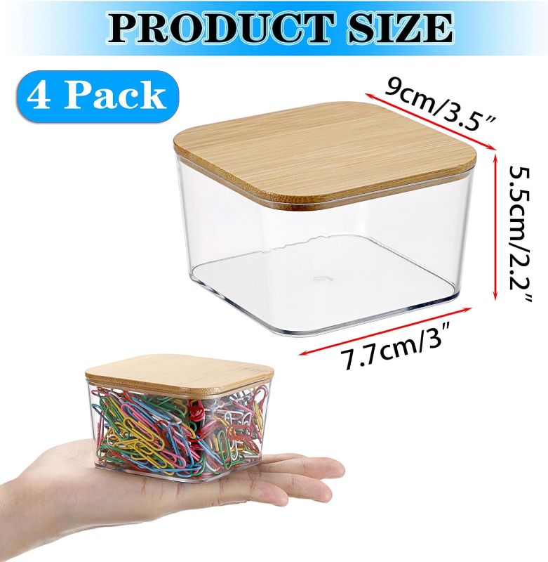 Photo 1 of BTSKY 4 Pack Clear Stackable Paper Clip Holder with Bamboo Lid Paperclip Box Plastic Cute Office Supply Accessory Organizer Square Small Storage Holder Cute Qtip Holder for Office Bathroom Vanity