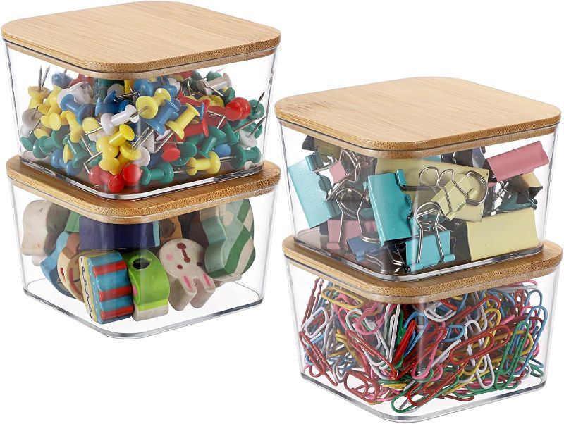 Photo 1 of BTSKY 4 Pack Clear Stackable Paper Clip Holder with Bamboo Lid Paperclip Box Plastic Cute Office Supply Accessory Organizer Square Small Storage Holder Cute Qtip Holder for Office Bathroom Vanity
