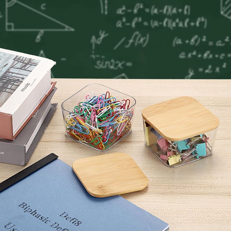 Photo 1 of BTSKY 4 Pack Clear Stackable Paper Clip Holder with Bamboo Lid Paperclip Box Plastic Cute Office Supply Accessory Organizer Square Small Storage Holder Cute Qtip Holder for Office Bathroom Vanity