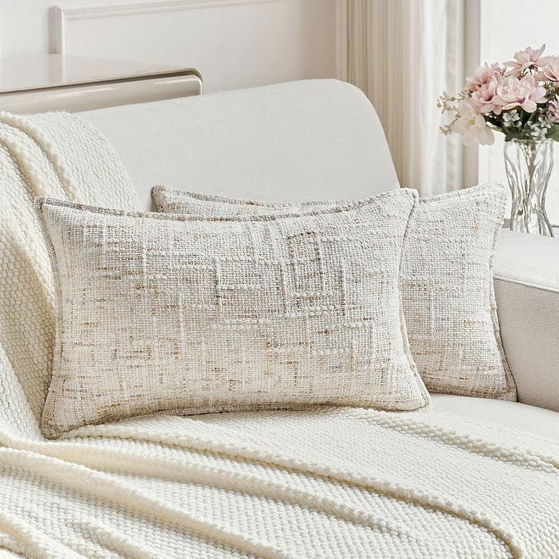 Photo 1 of FUTEI Cream Decorative Throw Pillow Covers 12x20 Inch Set of 2,Soft Chenille Tweed Textured Lumbar Pillow Case,Modern Home Decor for Couch Bed Living Room