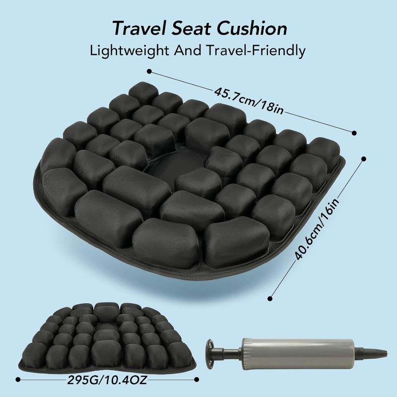 Photo 1 of Travel Seat Cushion, 3D Air Inflatable Pressure Relief Cushion for Hemorrhoid and Tailbone Pain Relief, Optimal Support for Long Sitting in Car, Air Travel, Office Chairs, Home Living (Black)