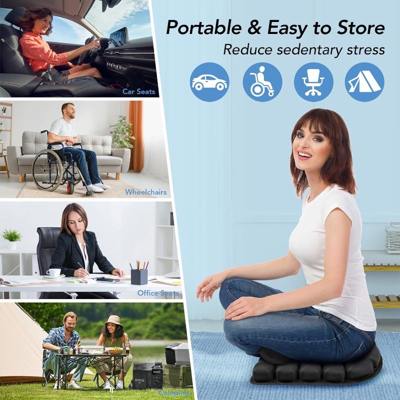 Photo 1 of Travel Seat Cushion, 3D Air Inflatable Pressure Relief Cushion for Hemorrhoid and Tailbone Pain Relief, Optimal Support for Long Sitting in Car, Air Travel, Office Chairs, Home Living (Black)