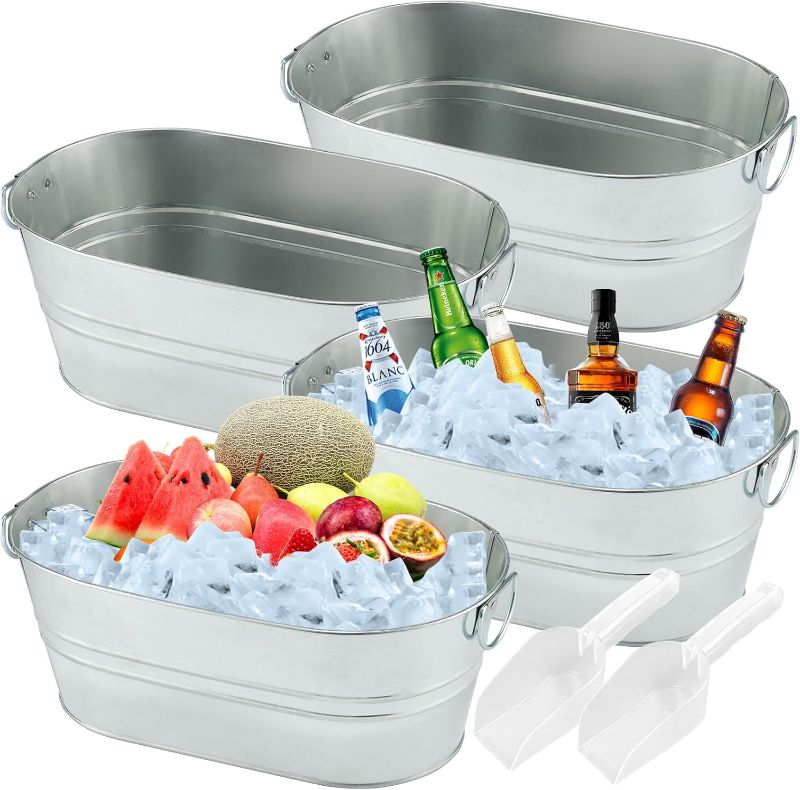 Photo 1 of 4PCS 4 Gallon Galvanized Tub Champagne Bucket With Carry Handle Large Metal Drink Buckets with Scoops for Home Bar Beer Champagne Cocktails Cooling Supplies