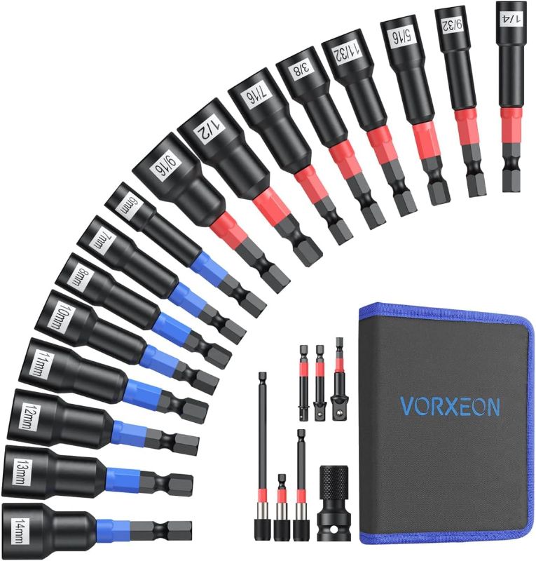Photo 1 of Magnetic Nut Driver Set Metric and SAE Length 65 mm, 23 PCS Impact Drill Driver Bit Set With Socket And Wrenche Adapters, Quick Release Extention, 6 mm to 14 mm And 1/4" to 9/16 "
